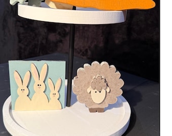 Spring Tiered Tray Decor Set | Bunny Sheep Carrot Decor | Farmhouse Easter Mini Shelf Sitter | Rustic Spring Decor