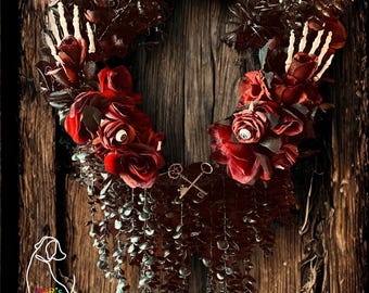 Handcrafted Gothic Halloween Wreath – Red Roses, Skeleton Hands & Eyeball Florals