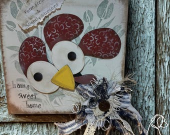 Primitive Chicken Wall Art | Handmade Farmhouse Hen Decor | Rustic Country Kitchen Sign | Dimensional Folk Art Chicken