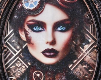 Steampunk Gothic Portrait Decor | Framed Fantasy Art | Victorian Industrial Inspired Shelf Decor | Handmade Statement Piece