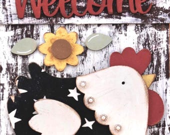 Farmhouse Chicken Welcome Sign | Rustic Rooster Wall Decor | County Kitchen Entryway Sign | Handmade Welcome Door Hanger