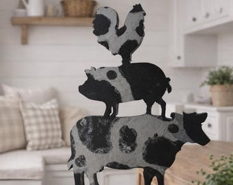 Rustic Farmhouse Animal Stack Decor | Wooden Cow Pig Rooster Shelf Sitter | Black and White Country Kitchen Accent | Tiered Tray Decor