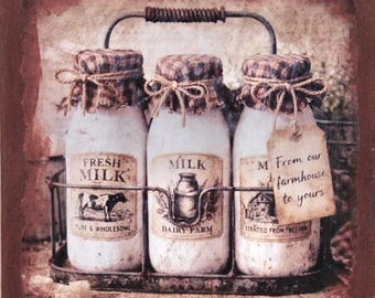 Farmhouse Milk Bottle Decor | Rustic Tiered Tray Riser | Primitive Kitchen Shelf Decor | Handmade Country Cottage Accent