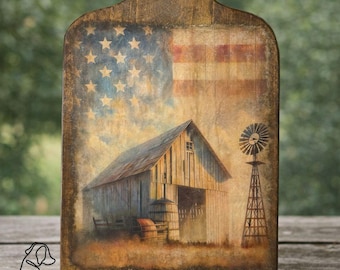 Rustic Americana Barn Decor | Patriotic Farmhouse Wood Board | Primitive Flag Art | Handmade Vintage Style Wall Hanging