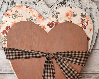 Handmade Rustic Layered Heart Decor | Farmhouse Valentine Wooden Heart | Floral Country Cottage Shelf Sitter