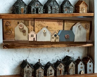 Handmade Primitive Wooden Village Shelf Sitter | Blue Cream Cottage Decor (18"x5"x1")