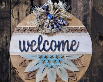 Patriotic Welcome Door Hanger | Rustic Farmhouse Round Sign | Neutral Americana Door | Front Door Wreath Alternative | Summer Porch Decor