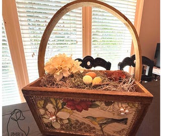Vintage Bird Garden Basket | Rustic Woodland Nest Decor | Handmade Floral Basket with Eggs & Moss | Cottage Farmhouse Shelf Accent