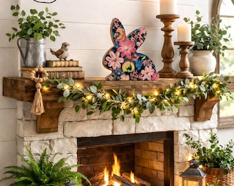 Floral Bunny Wood Decor | Spring Farmhouse Bunny Sitter | Easter Mantel Shelf Decor | Handcrafted Rustic Rabbit Sign | Small Spring Accent