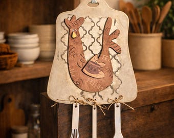 Rustic Rooster Kitchen Decor | Farmhouse Hen Wall Hanging | Primitive Kitchen Sign with Utensils | Country Cottage Decor