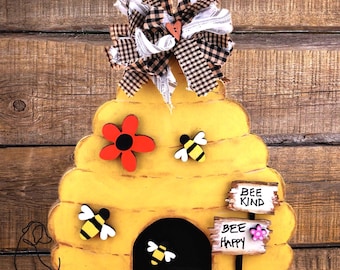 Bee Hive Door Hanger | Bee Kind Bee Happy Sign | Spring Porch Decor | Farmhouse Entryway Wall Decor | Handmade Rustic Bee Sign