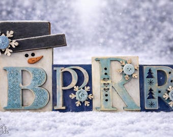 Handmade BRRR Winter Block Decor | Rustic Snowman Shelf Sitter | Farmhouse Winter Decor | Neutral & Blue Winter Blocks