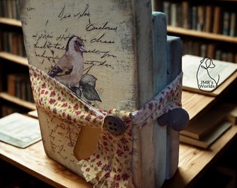Handmade Decorative Wood Book | Vintage Bird & Floral Decor | Primitive Farmhouse Shelf Sitter | Blue or Red Ribbon Book