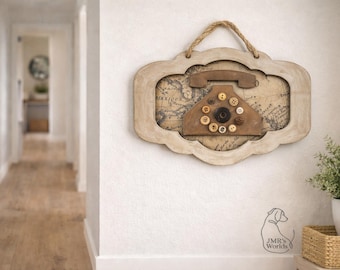 Vintage Telephone Wall Decor-Primitive Farmhouse Phone Sign-Rustic Handmade Wood Art-Button Art Home Decor-Cottage Style Wall Hanging
