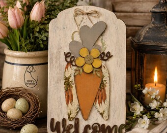 Easter Bunny Welcome Sign | Spring Door Hanger | Farmhouse Bunny Decor | Rustic Carrot Sign | Entryway Wall Decor | JMR's Worlds
