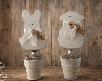 Rustic Bunny & Sheep Decor Set | Farmhouse Easter Shelf Sitters | Primitive Spring Tiered Tray Decor | Handmade Neutral Easter Decor