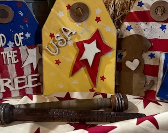 Primitive Patriotic Wood Tags Set | Americana Shelf Decor | Land of the Free | Rustic Fourth of July Farmhouse Decor