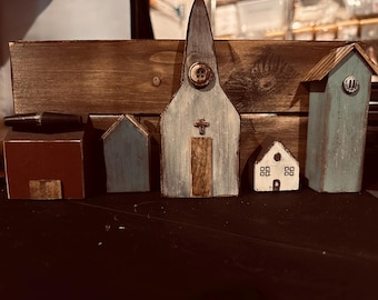 Primitive Village Wall Decor | Rustic Church & House Scene | Farmhouse Wooden Village | Handmade Primitive Shelf Sitter | Country Decor