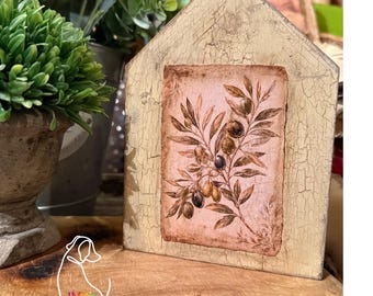 Primitive Olive Botanical House Shelf Sitter | Crackle Finish Cottage Decor | Farmhouse Olive Branch Wood House | Tuscan Inspired