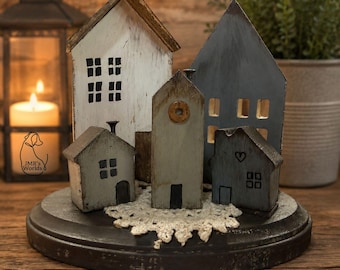 Primitive Village Display | Handmade Rustic House Scene | Farmhouse Shelf Decor | Folk Art Village | Neutral Cottage Collection