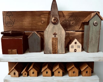 Handcrafted Primitive Wooden Village | Rustic Church & Cottage Scene (Shelf Sitter)