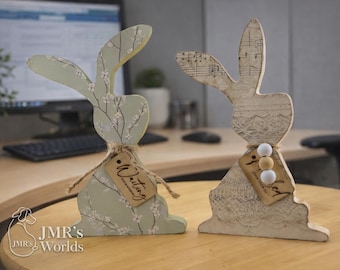 Handmade Wooden Easter Bunny Decor Set | Farmhouse Spring Shelf Sitter | Neutral Rustic Rabbit Tiered Tray Decor