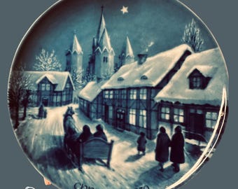 Vintage 1970 Royal Blue Winter China Christmas Plate Midnight Mass Kalundborg Church Germany