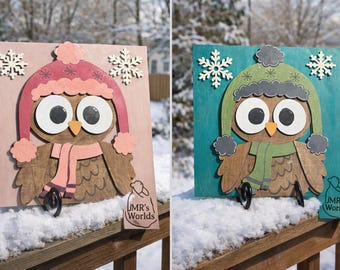 Handmade Winter Owl Decor Set | Rustic Wooden Owl Plaques | Tiered Tray - Shelf Decor | Pink - Green Winter Owls | Farmhouse Christmas Decor