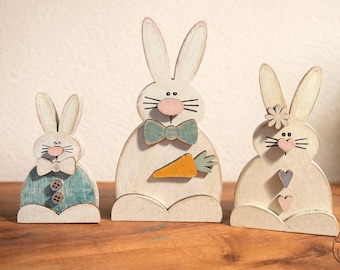 Handmade Easter Bunny Decor Set of 3 | Farmhouse Spring Shelf Sitters | Rustic Tiered Tray Bunny