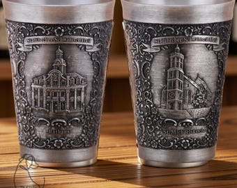 Vintage German Pewter Souvenir Beakers, Set of 2, Astorf Germany Scenic Cups, Collectible Pewter Tumblers, European Barware, German Decor