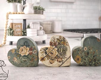 Set of 3 Rustic Floral Wooden Hearts | Farmhouse Tiered Tray Decor | Vintage Cottage Heart Shelf Sitters | Spring Kitchen Counter Decor