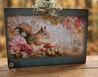 Vintage Woodland Squirrel Shelf Sitter | Cottagecore Mushroom Decor | Botanical Wood Art | Rustic Nature Home Decor