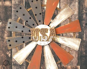 Patriotic Windmill Wall Decor | Rustic Americana Farmhouse Decor | USA Metal Windmill | Fourth of July Wall Hanging | Country Home Accent