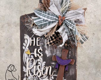 He is Risen Easter Shelf Sitters | Christian Spring Decor | Wooden Cross with Dove | Faith Tiered Tray Decors | Religious Easter Mantel