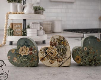 Set of 3 Rustic Floral Wooden Hearts | Farmhouse Tiered Tray Decor | Vintage Cottage Heart Shelf Sitters | Spring Kitchen Counter Decor