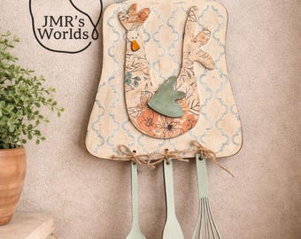 Rustic Rooster Kitchen Decor | Farmhouse Hen Wall Hanging | Primitive Kitchen Sign with Utensils | Country Cottage Decor
