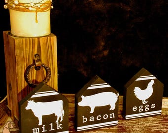 Farmhouse Kitchen Block Decor | Bacon Milk Eggs Sign | Rustic Black and White Shelf Decor