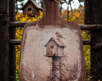 Primitive Birdhouse Decorative Cutting Board | Rustic Farmhouse Wall Decor | Vintage Inspired Bird Art | Cottage Style Wooden Paddle Board