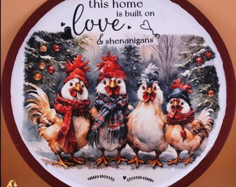 This Home is Built on Love & Shenanigans | Rustic Chicken Decor | Farmhouse Round Metal Sign | Primitive Country Decor | Handmade Wall Art