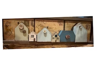 Primitive Wooden Village Shelf Sitter | Rustic Farmhouse Cottage Row | Handmade Blue & Cream House Decor | Vintage Postcard Backdrop