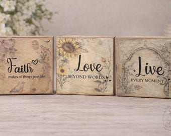 Handmade Inspirational Wooden Blocks | Faith Love Live Decor | Rustic Farmhouse Shelf Blocks | Gift for Mom
