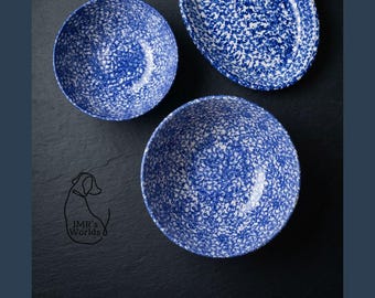 Vintage Italian Blue Spongeware Pottery Serving Set | Oval Platter and Two Bowls | Blue & White Farmhouse Decor