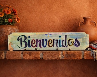 Handmade Bienvenidos Wood Sign | Spanish Welcome Sign | Rustic Farmhouse Entryway Decor | Primitive Home Sign