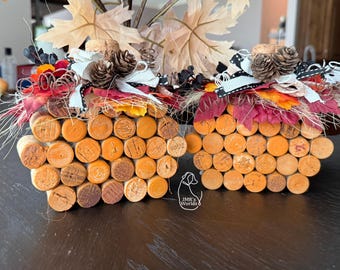 Vintage Wine Cork Pumpkins Set of 2 | Handmade Primitive Fall Decor | Rustic Autumn Pumpkin Decor | Upcycled Wine Cork Art