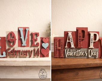 Reversible Valentine Wood Block Sign | LOVE February 14 & Happy Valentine's Day Decor | Tiered Tray Farmhouse Decor