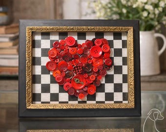 Framed Button Heart Art | Handmade Valentine Decor | Red Button Heart Shadow Box | Farmhouse Valentine Gift