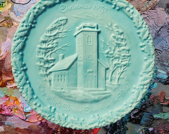 Vintage 1970 Fenton Blue Satin Christmas Plate Little Brown Church in the Vale 8 Inch