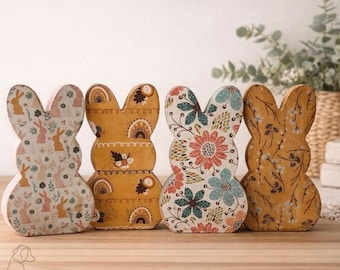 Spring Farmhouse Bunny Wood Block Set - 4 Piece Rustic Rabbit Shelf Sitters - Neutral Floral Tiered Tray Decor|Handmade Wooden Spring Decor