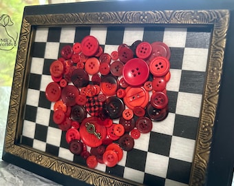 Framed Button Heart Art | Handmade Valentine Decor | Red Button Heart Shadow Box | Farmhouse Valentine Gift