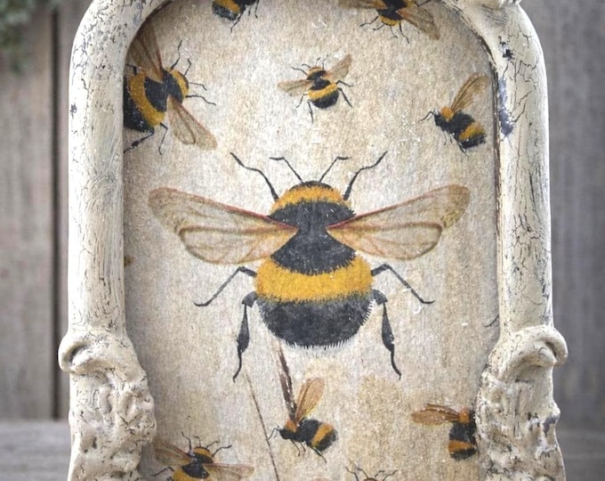 Featured listing image: Vintage Bumblebee 4x6 Framed Art | Hand-Painted Distressed Ornate Frame | Rustic Farmhouse Bee Decor | Cottage Spring Shelf Sitter